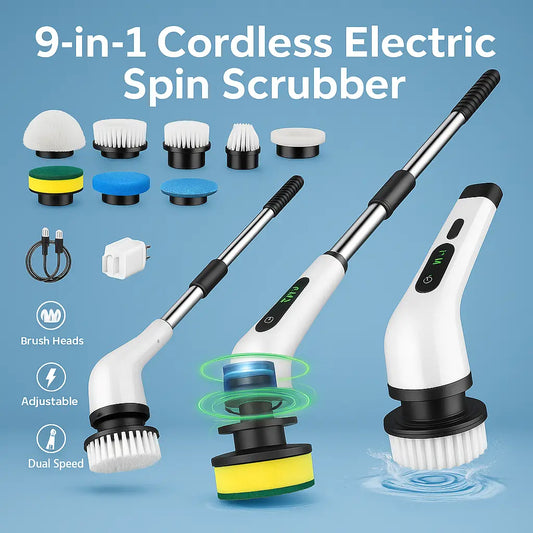 9-in-1 Cordless Electric Spin Scrubber | Adjustable Handle & Cleaning Brush for Bathroom, Tiles, Floors & Car