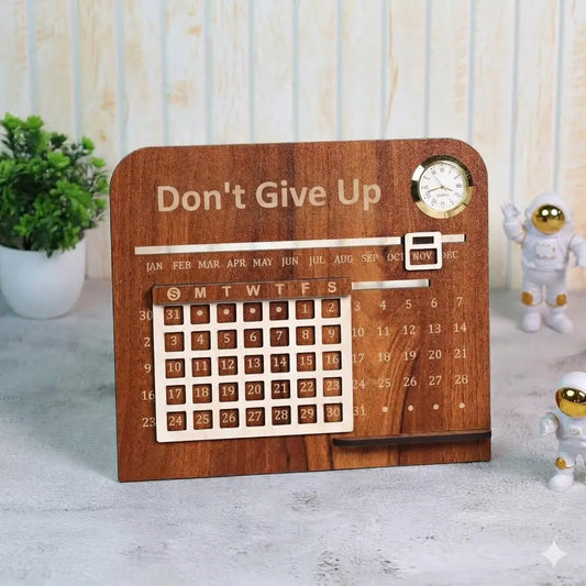 Premium Wooden Lifetime Infinity Desk Calendar With Clock