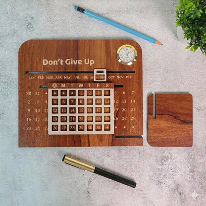 Premium Wooden Lifetime Infinity Desk Calendar With Clock