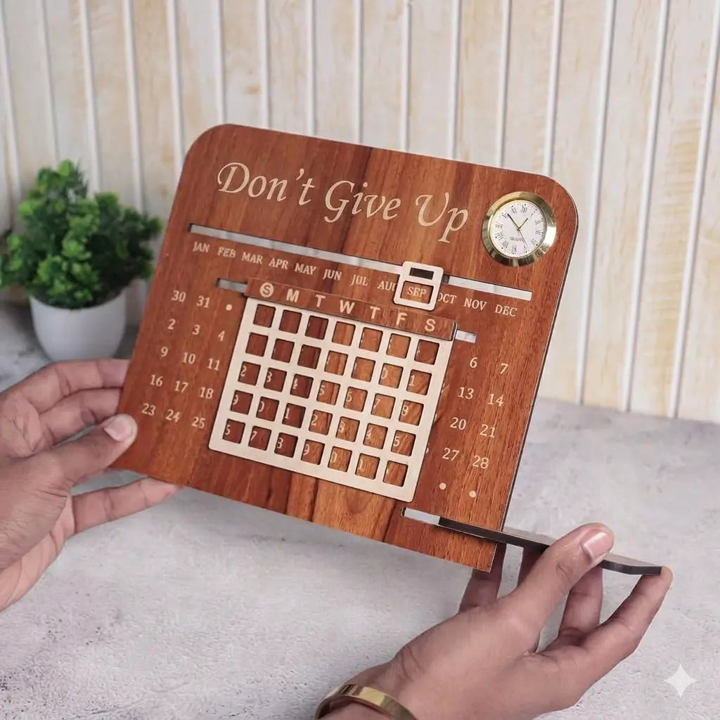 Premium Wooden Lifetime Infinity Desk Calendar With Clock