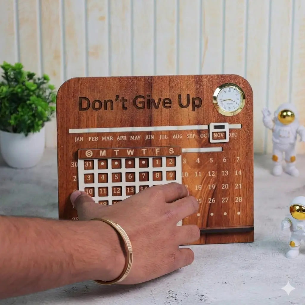Premium Wooden Lifetime Infinity Desk Calendar With Clock